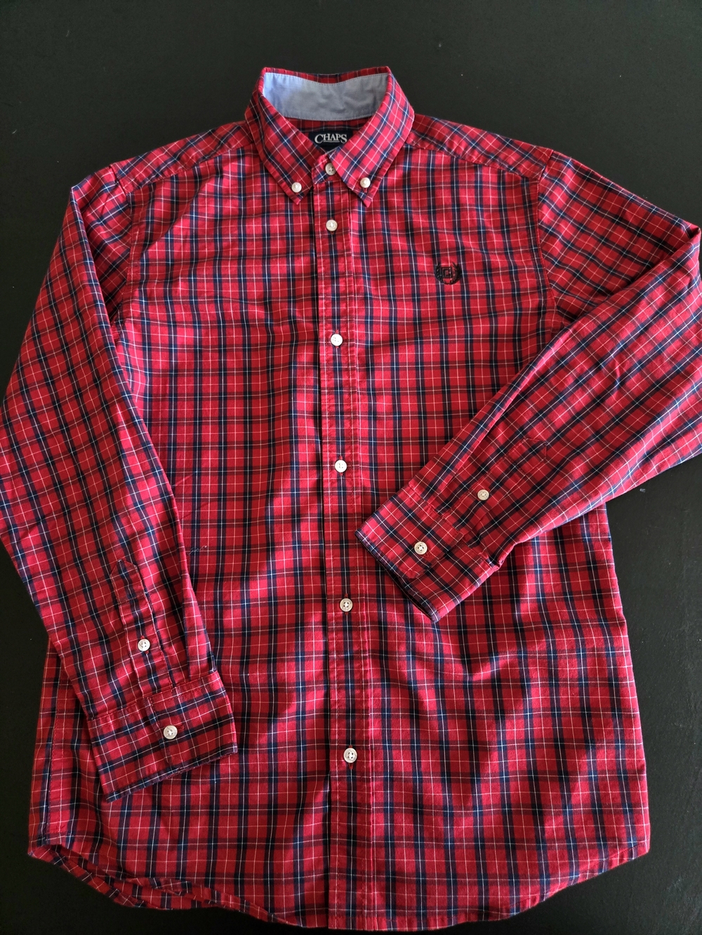 Chaps Boys Plaid Long Sleeve Button Down Shirt Red Navy Size L (14/16)